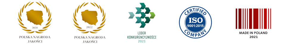 Banner z nagrodami, które otrzymała firma Illustro - Polska Nagroda Jakości, Lider Konkurencyjności, Made in Poland oraz Certyfikat ISO